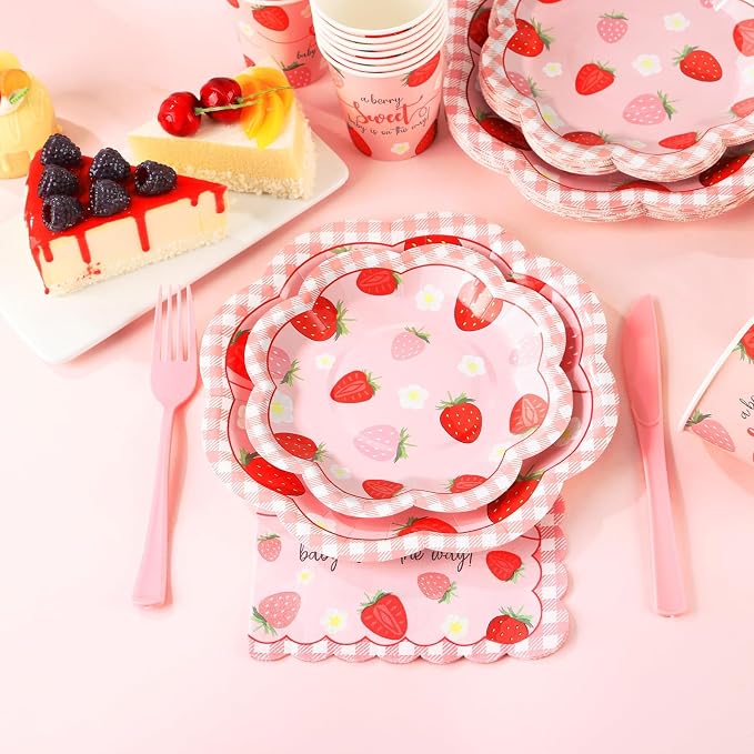 Strawberry Baby Shower Decorations for Girl, Baby Shower Plates and Cups and Napkins Sets Serves 50, Strawberry Plates, A Berry Sweet baby Is On The Way Decorations, Berry Sweet baby shower