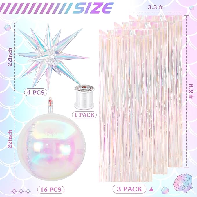 Seenelling 24 Pcs Iridescent Party Decoration Set 22'' 4D Star Ball Balloons White Shiny Metallic Tinsel Foil Fringe Curtain Backdrop for Mermaid Wedding Engagement Princess Bachelorette Unicorn Party