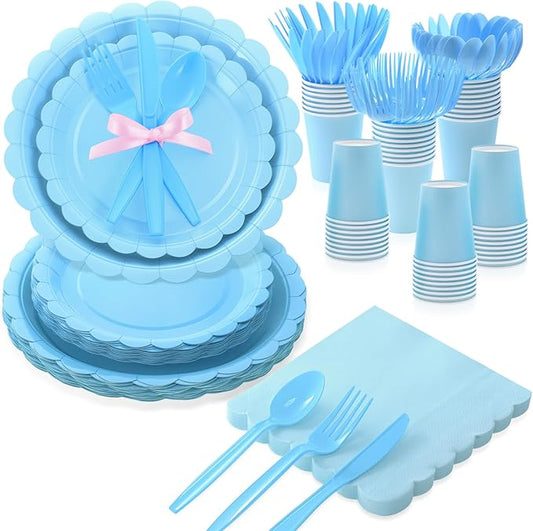Ziliny 200 Pcs Light Blue Plates and Napkins, 25 Guest Spring Party Supplies Include Scalloped Paper Plates Napkins Cups Plastic Spoons Forks Knives Disposable Tableware Set for Baby Shower