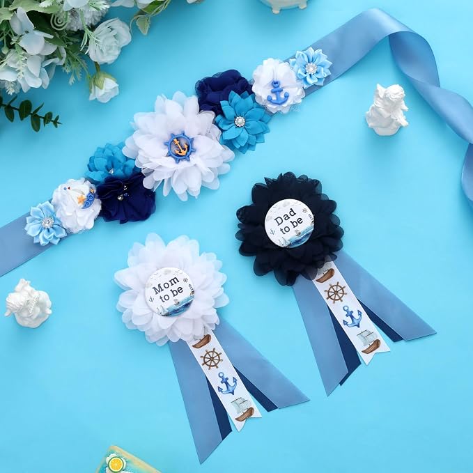 Nautical Baby Shower Maternity Sash Kit - Blue Ahoy NauticalmBaby Shower Belly Belt and Mom to Be & Dad to Be Corsage Pins, Pregnancy New Parents Photo Props Ocean Theme Party Supplies