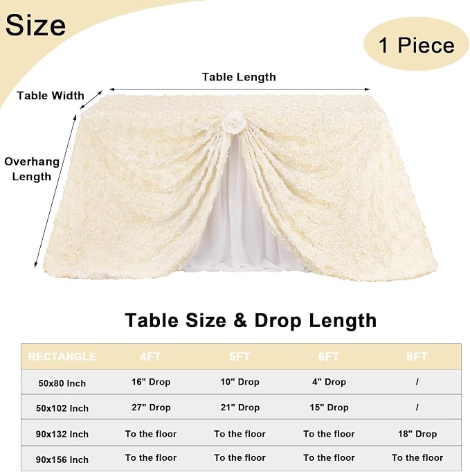 Fanqisi Rosette Tablecloth 50x102 Inches Satin Raised Rosettes Ivory Rectangle 3D Floral Tablecloth for Baby Shower Wedding Party Event Decoration