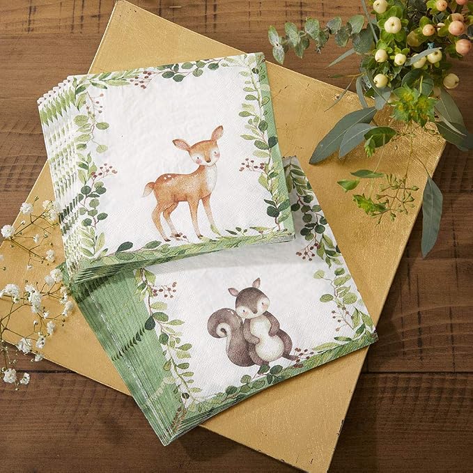 Kate Aspen Woodland Baby Shower Decorations, 62-Piece Disposable Paper Plates & Napkins Party Supplies for 16 Guests - Woodlands Animals Theme for Baby Boy Shower Table Decorations, Gender Reveal