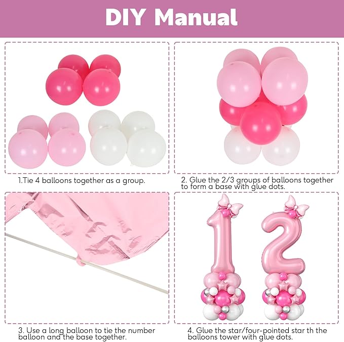 Pink Number 12 Balloons 40 Inch Pastel Pink 12th Birthday Party Decorations Baby Hot Pink White Number 21 Foil Balloon Tower with Bows Giant Large Digit Helium Balloon for Girls Women 21st Anniversary