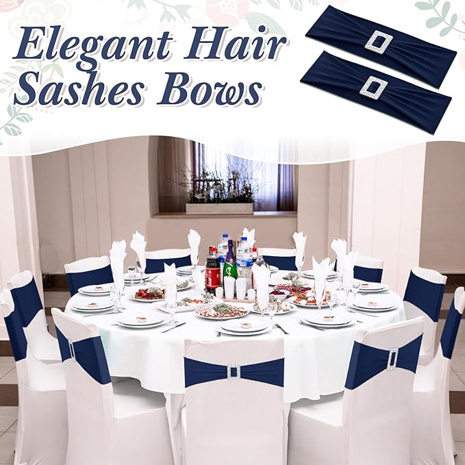 VitalCozy 150 Pcs Spandex Chair Sashes with Square Buckle Slider Stretch Chair Cover Band Universal Elastic Ties Straps Bows for Wedding Banquet Event Party Decoration(Navy Blue)