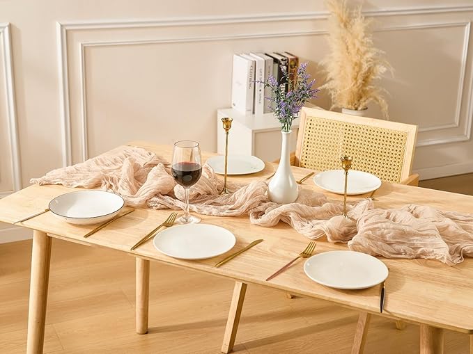 3 Pack Champagne Spring Table Runner Boho Cheesecloth Table Runners Bulk 10 ft Gauze Sheer Mother's Day Table Centerpieces for Wedding Ceremony Anniversary Bridal Baby Shower Banquet
