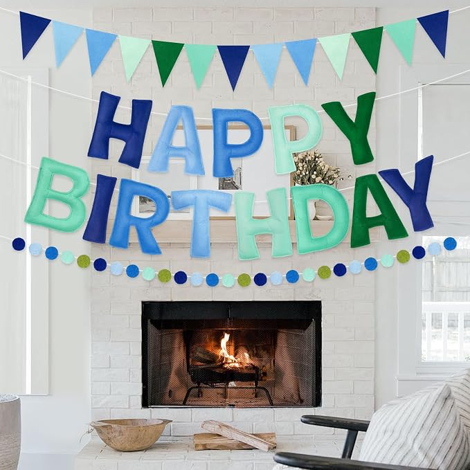 Pre-Strung Happy Birthday Banner - Blue Green Birthday Decorations, 3PCS Felt Birthday Day Sign,Ball Garland,Triangle Bunting,Reusable Colorful Banner for Party Decor Girls Boys Kids Women Men (Blue)