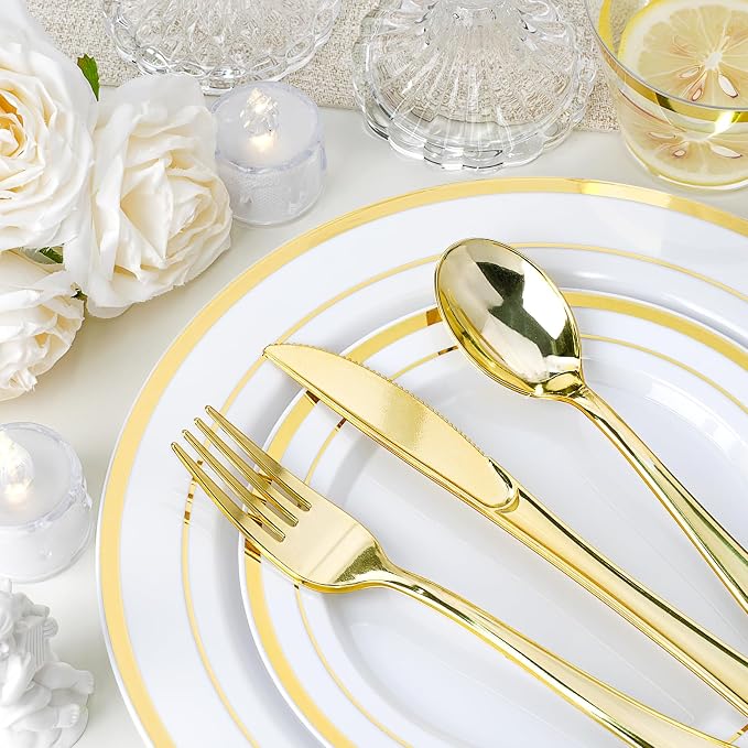 realluck 350 PCS White and Gold Plastic Dinnerware Set for 50 Guests, 100 Disposable Plates for Party, 50 Pre Rolled Napkins with Gold Silverware, 50 Cups
