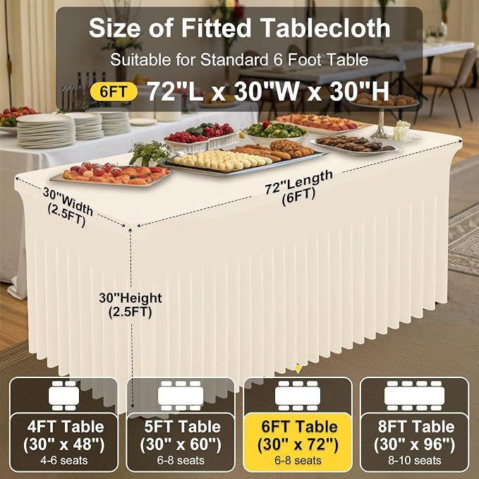 Smiry Spandex Tablecloth 2 Pack, Elastic Fitted Stretch Tablecloth for 6FT Rectangle Tables, Waterproof Washable Table Cover Skirt for Outdoor, Wedding, Banquet & Parties (Beige, 72Lx30Wx30H Inch)