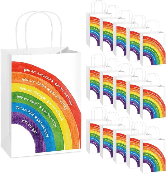 Coume 48 Pcs Inspirational Gifts Bags with Handle Employee Coworker Appreciation Goodie Paper Handbags for Graduation Birthday Party Kraft Thank You Bags Classroom, 5.9 x 3.15 x 8.27 Inch (Rainbow)