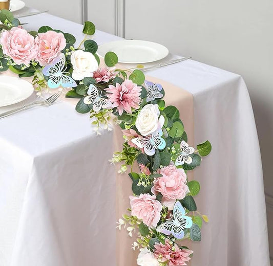 Eucalyptus Flower Garland with Butterflies, 2PCS, 5.9Ft Length Each, Fake Rose Garland, Pink Flower Vines, Faux Floral Greenery for Wedding Table Backdrop Arch Party Centerpiece Decor(Dusty Pink)