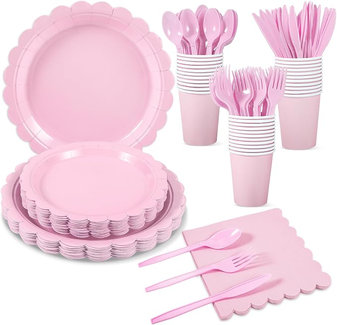 175 Pcs Pink Plates and Napkins, 25 Set Scalloped Pink Dinnerware | Light Pink Party Decor Include 9" Paper Plates, 7" Dessert Plates, 6.5 Inch Napkins for Girls Birthday, Bridal Baby Shower