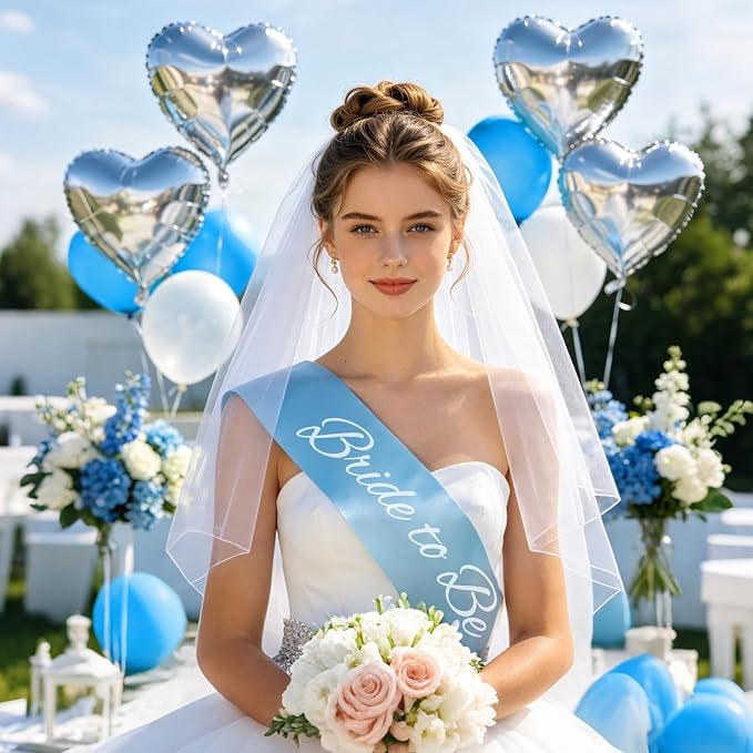 Bachelorette Party Decorations, Light Blue Bridal Shower Decor Set with 40" Bride Balloons, White Sash, Veil, Foil Curtains, Banner & 30pcs Blue Butterflies for Beach Coast Lake Party