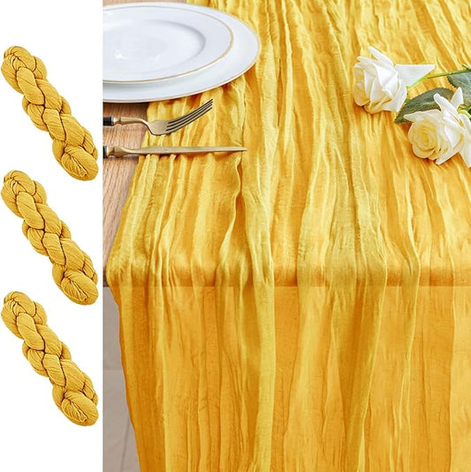 3PCS Table Runner Cheesecloth 10FT Gold Boho Gauze Cheese Cloth Rustic Sheer Table Runners for Wedding Bridal Baby Shower Party Decoration