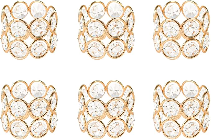 Crystal Metal Napkin Rings Set, Elegant Wedding/Party Table Decor, Shiny Holiday Dinner Accessories Bulk, Bridal Shower Gift, Anniversary, Christmas, Home Decor Essentials (Gold, 6-Pcs)