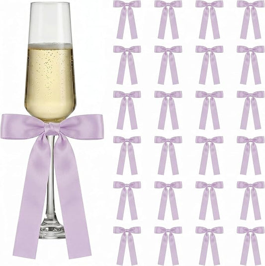 Jingmore 24 Pack Bows for Champagne Glasses Candle Holder 6.7 x 4 Inch Bow Drink Tags Wine Glass Candlestick Ribbon Self Adhesive Name Marker for Wedding Anniversary Party Gift Decor(Gray Purple)