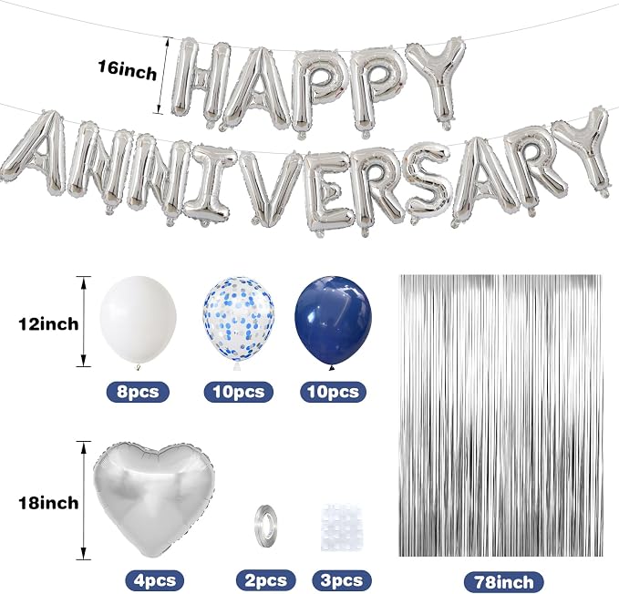 Anniversary Decorations Navy Blue Silver,Happy Anniversary Balloon Banner with Heart Foil Balloons Fringe Curtain for Wedding Party Valentine's Day Romantic Night Surprise