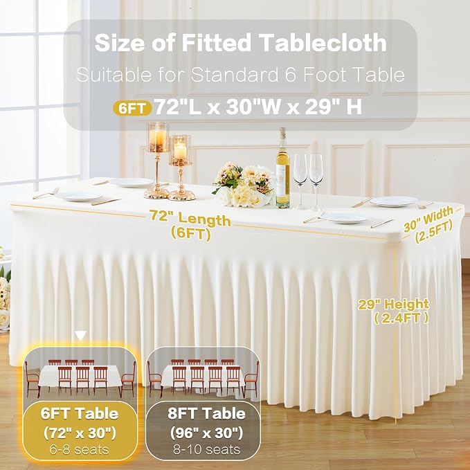 gogoparti 6 Pack Spandex Ivory Fitted Table Cloth for 6ft Rectangle Tables Ivory Stretch Tablecloth Banquet Table Covers Skirt Wrinkle Free Tablecloths for Parties Wedding