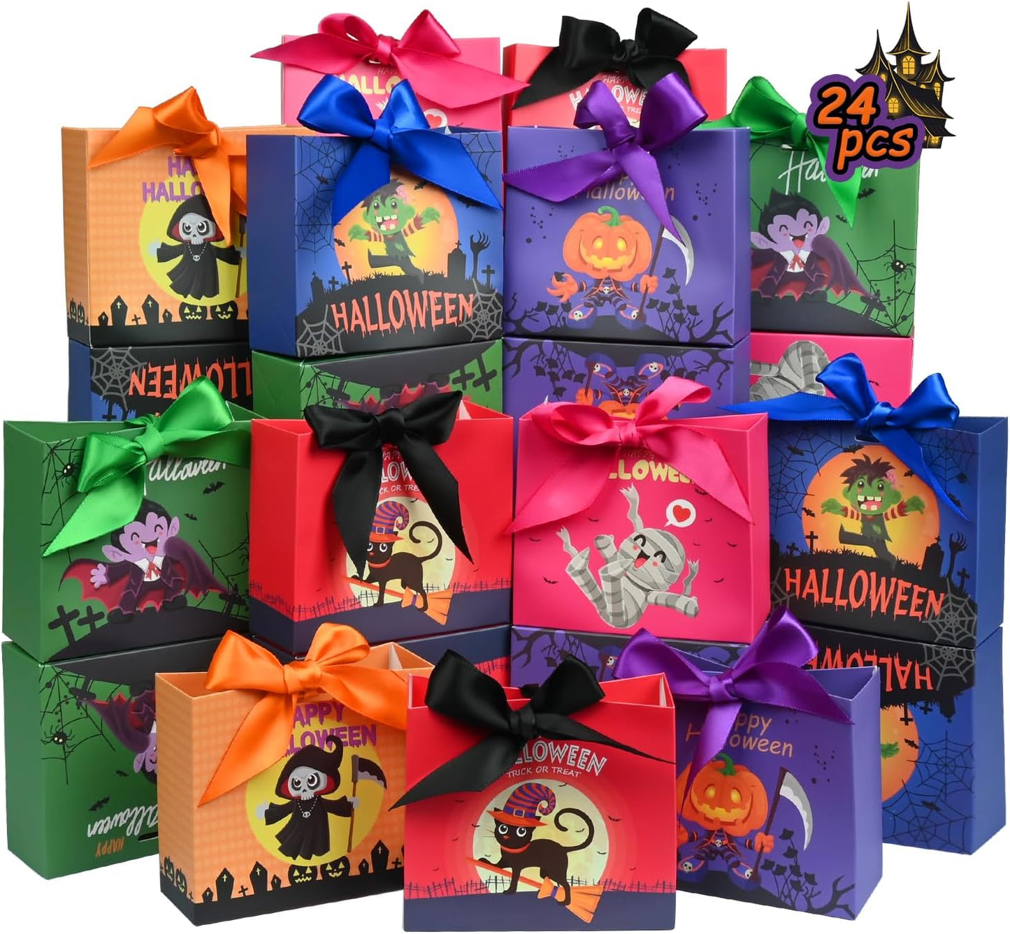 24PCS Halloween Goodies Bags, Trick or Treat Candy Gift Paper Bags Bulk with Ribbons, Halloween Treat Boxes for Kid, Party Favor, Classroom Exchange, Home Decoration 4.5 x 3.9 x 1.7 Inches