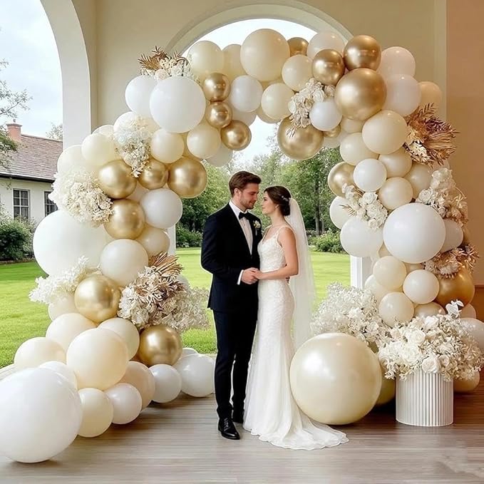 White Gold Balloon Arch Double Stuffed Pearl White Sand Cream Gold Chrome Balloon Garland Kit for Baptism Birthday Baby Shower Wedding Graduation Party Decorations