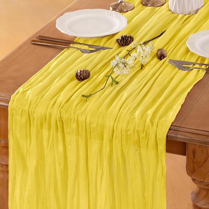 LINXTAR Yellow Cheesecloth Table Runner 120 Inches 10Ft Gauze Summer Boho Table Runner for Wedding Tea Party Baby Shower Bridal Birthday Home Decoration