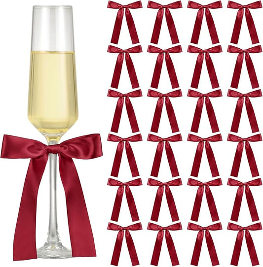 Jingmore 24 Pack Bows for Champagne Glasses Candle Holder 6.7 x 4 Inch Bow Drink Tags Wine Glass Candlestick Ribbon Self Adhesive Name Marker for Wedding Anniversary Party Gift Decor(Burgundy)
