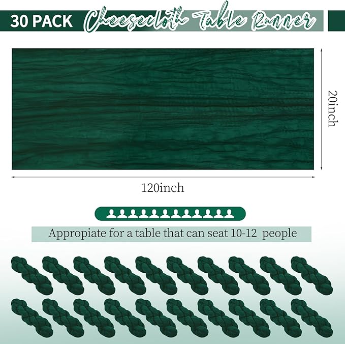 30 Pack Emerald Green Table Runner 10Ft Cheesecloth Table Runner Long Boho Cheese Cloth Table Runners Romantic Sheer Fabric Gauze Table Runners for Wedding Party Bridal Shower