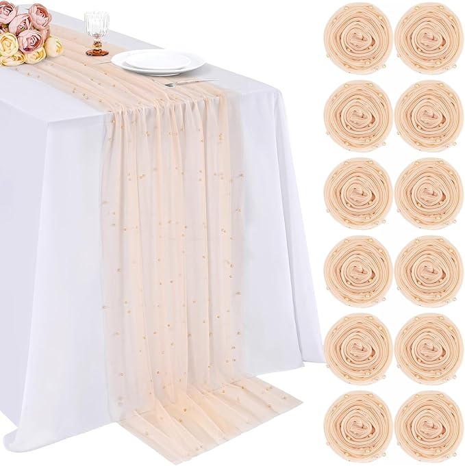 Pearl Table Runner Champagne Wedding Decorations: 12pcs Centerpieces Fall Pearl Mesh 29x120 Inch Tulle Chiffon Fabric for Birthday Party Dining Table Decor