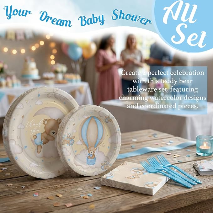 Teddy Bear Baby Shower Plates and Napkins Set for Boy – We Can Bearly Wait Baby Shower Decorations – Serves 20, Paper Plates, Napkins – Bear Party Supplies Decorations Tableware for Birthday