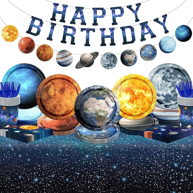 Space Theme Party Decorations-142Pcs Space Plates and Napkins Kit Galaxy Solar System Outer Space Tableware for Birthday Party
