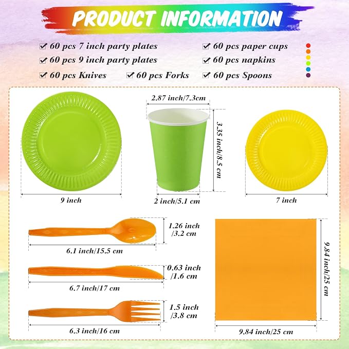 Inbagi 420 Pcs Rainbow Party Supplies Set 7" & 9" Colorful Paper Plates Colored Napkins Cups Spoon Fork Knif Disposable Dinnerware Set for Classroom & Back to School Party Decorations