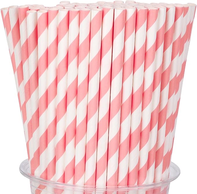 100 Packs Pink Biodegradable Striped Paper Straws, Disposable Drinking Straws for Birthday Carnival Summer Pool Party Wedding Baby Shower Halloween Christmas Party Decoration Supplies