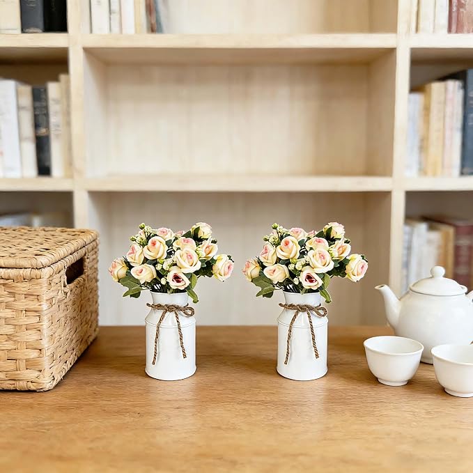 4 Sets Farmhouse Wedding Flower Centerpiece for Tables Decorations, Rustic Artificial Roses Bouquet with Metal Galvanized Vase Pot for Party Bridal Shower Event (White Vase & Champagne Roses)