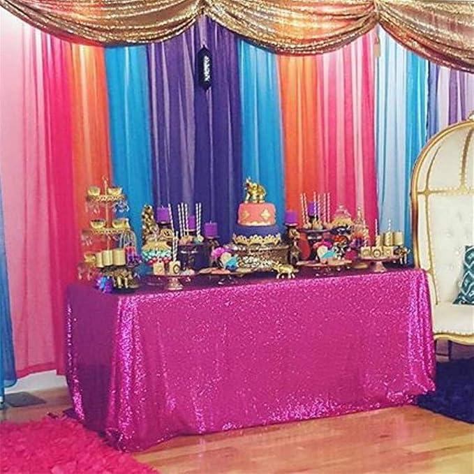 B-COOL Sequin Tablecloth Shimmer Tablecloths 90x132 Inch Rectangle Fuchsia Sequin Table Overlays Thanksgiving Dessert Cake Sparkle Glitz Fabric Indoor Outdoor Party