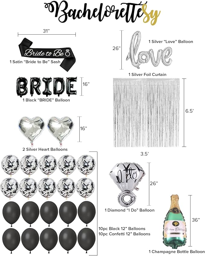 Bachelorettesy 28pc Bachelorette Party Decorations Kit for Bride to Be, Bridal Shower Decorations, Engagement Party – Balloons, Sash, Foil Backdrop Curtain (Black)