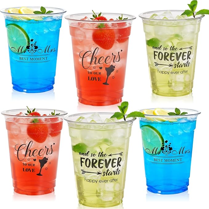 Wedding Plastic Cups Bulk 12oz Bridal Shower Cups Wedding Decorations for Reception Mr and Mrs Cheers to Love Bridal Party Supplies (6 Pcs)