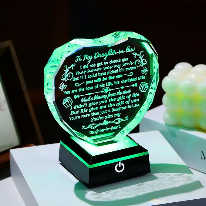 Arikyrist Daughter in Law Birthday Gifts Heart Crystal Keepsake for Daughter-in-Law with LED Light Base Daughter in Law Gifts from Mother in Law on Christmas Wedding Anniversary