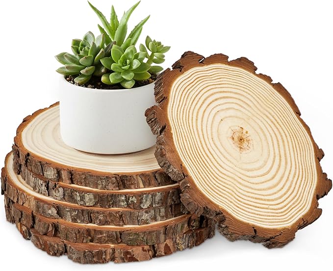 Large Unfinished Natural Wood Slices - 6 Pcs Natural Round Discs Rustic Wood Slices 7.9-9 Inch Wooden Tree Bark Discs for DIY Crafts Centerpieces Table Base Decoration Wedding Ornaments Coasters