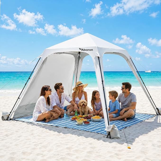 Slsy Beach Tent 10 x 10 FT, Beach Shelter with Removable Side Wall, UPF 50+ Canopy Cabana for Sun Protection, Easy Setup Shade with Sandbags, Stakes & Guy Lines, Wind Resistant, Fits 6 People