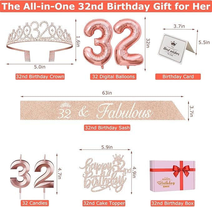 32 Birthday Decorations for Women, Including 32nd Birthday Sash and Tiara, Cake Topper and Candles, Number Balloons, 32 Year Old Gifts for Women