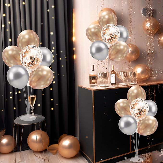 4 Set Balloon Stand with Champagne Silver Balloons and Pump | For Birthday Bridal Shower Wedding Engagement Anniversary Retirement Mother's Day New Years Party Supplies