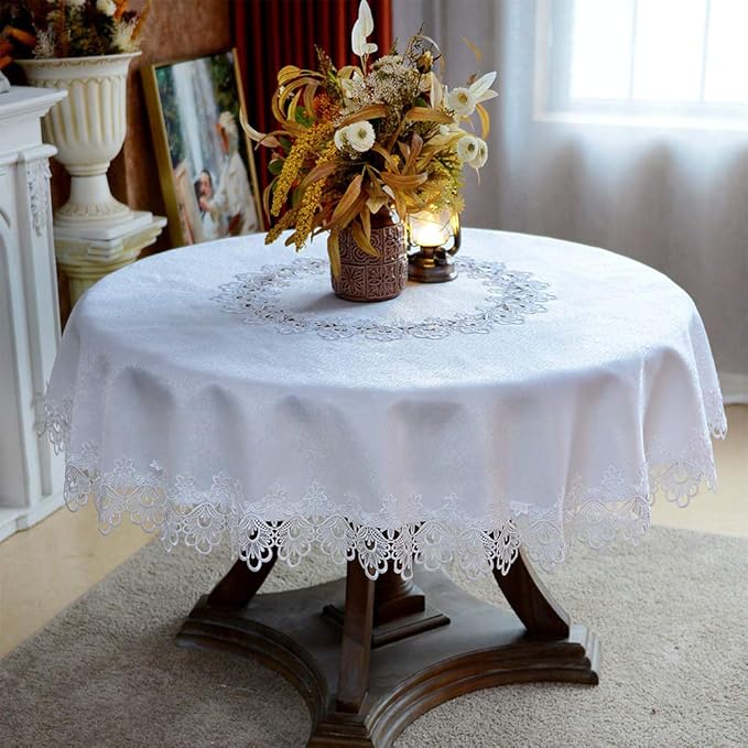 ARTABLE Round Tablecloth Lace Rustic Macrame Embroidered Table Cloths for Harvest Dresser Decor Farmhouse Kitchen Home (White, 70" Round)