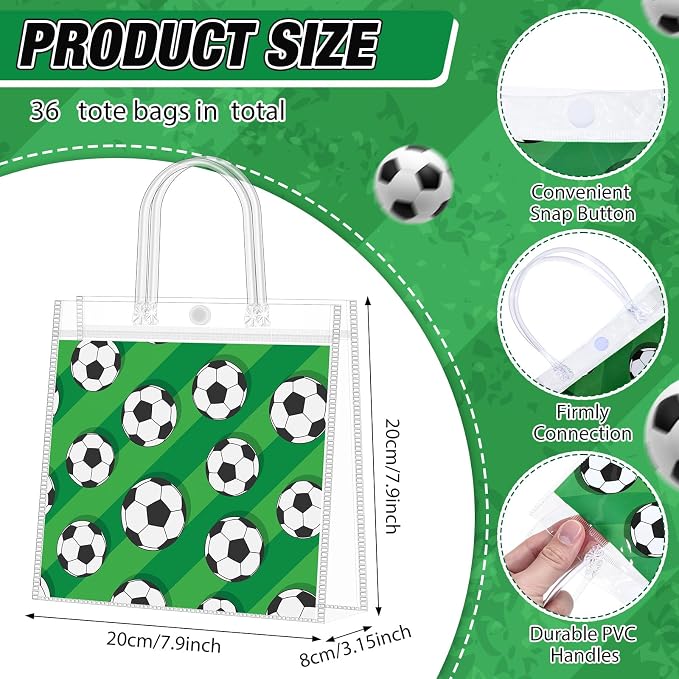 Supervitae 36 Pcs Soccer Clear Favor Bags with Handle Reusable Plastic PVC Sports Gift Bag Goodies Treats Totes for Birthday Wedding Summer Party Supplies, 8 x 8 x 3.15 Inch