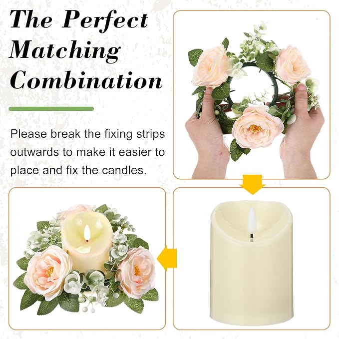 Yunlly 16 Set Rose Candle Rings Wreaths 3 Inch Center with Flameless LED Candles Artificial Rose Light Garland Fake Electric Votive Tealights Bulk Funeral Wedding Table Centerpieces Decor(Champagne)
