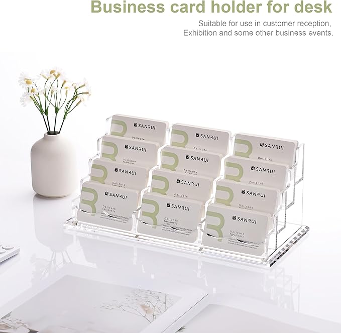 YUXUN Business Card Holder Display for Desk-12 Slots 4 Tier, Clear Multiple Acrylic Cards Stand for Women and Men, Business Card Holder Case for Office Supplies Home School