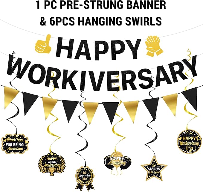Roetyce Work Anniversary Party Decorations, Black Gold Happy Workiversary Banner Cake Topper Balloons Hanging Swirls, Work Anniversary Backdrop Background for Employee Coworker Office Party Supplies
