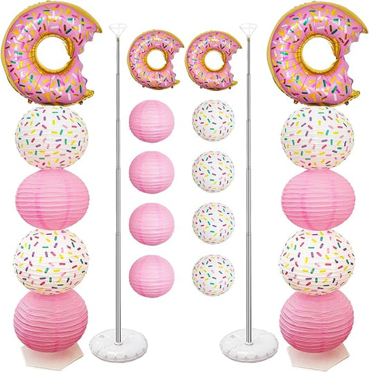 Donut Balloon Column Stand Kit And Paper Lantern 2 Sets 5.5 Feet with Reusable Metal Telescopic Design for Donut Parties, Birthday Decorations for Girls, Easter Decorations,Wedding