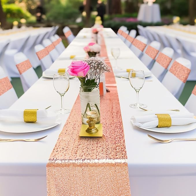 Newwiee 54 Pcs Rose Gold Sequin Chair Sashes and Table Runners, 48 Sequin Chair Bows, 6 Glitter Table Runners for Birthday Party Wedding Banquet Holiday Decorations