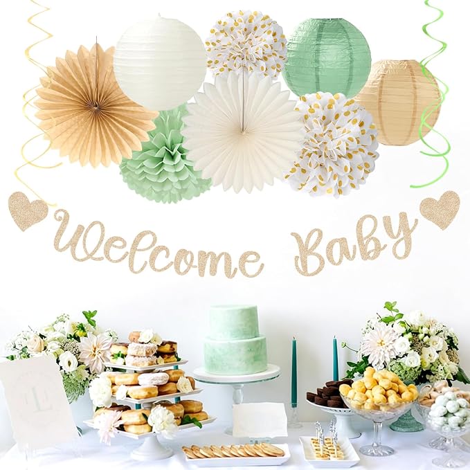 Sage Green White Welcome Baby Shower Party-Decorations - 22pcs Girl Boy Woodland Champagne Gender Neutral Banner, Paper Lanterns Streamers,Tissue Paper Pom Poms Flowers Fans Garland Decor Sign Hugmoon