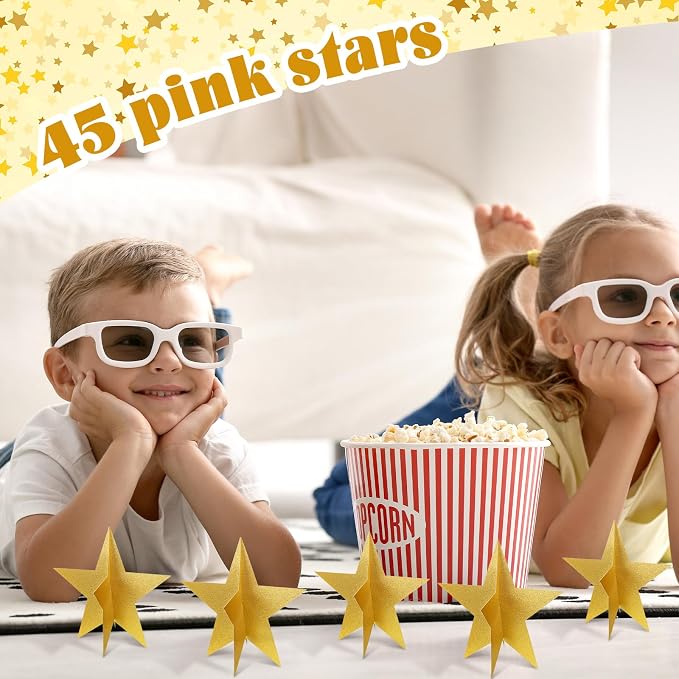 Sinload 18 Pcs Large 3D Glitter Star Decorations Back to School Work Gold Star Centerpiece Standing Hanging Decor for School Centerpiece Starry Movie Night Themed Party Decor