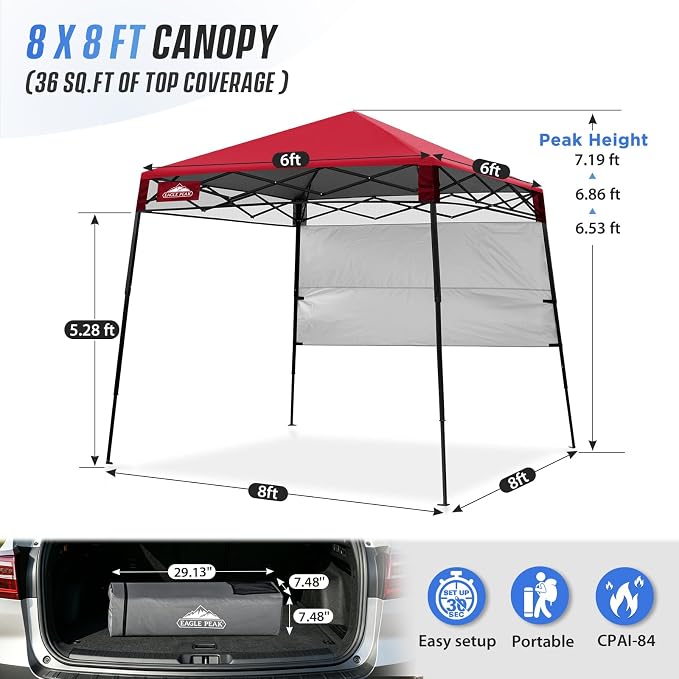 EAGLE PEAK 8x8 Pop Up Canopy Tent with Sidewall, Compact, Portable Slant Leg Instant Sun Shelter for Beach, Sports, & Camping, 8x8 Base 6x6 Top, Red